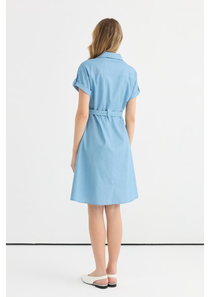 Erkek Yaka Düz Mavi Standart Kadın Elbise 25YSL7642 fırsatları