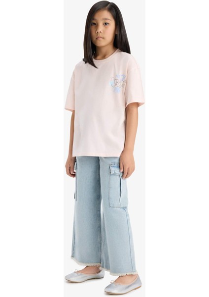 Kız Çocuk Oversize Geniş Kalıp Bisiklet Yaka Sırt Baskılı Kısa Kollu Tişört E0357A825SM