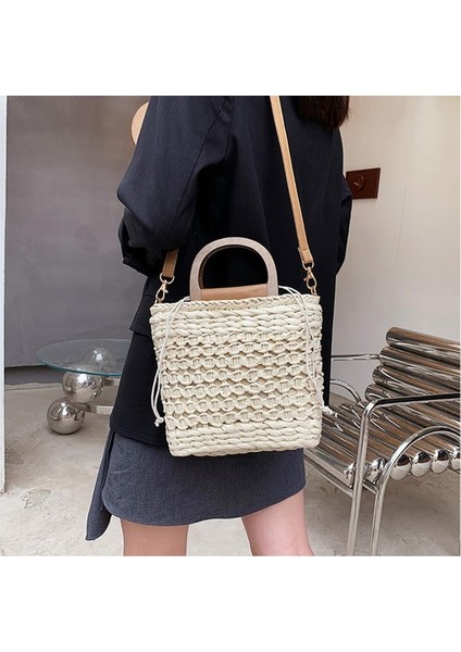 Sıradan Saman Dokuma Çanta Tutucu Üst Satchel Çizme Saman Çantası Hediyeler Bej (Yurt Dışından) modelleri