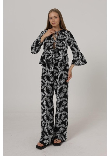 Işlemeli Oversize Pantolon - Siyah