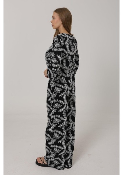 Işlemeli Oversize Pantolon - Siyah