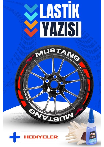 Mustang Yazılı Kırmızı Şeritli Motosiklet ve Otomobil Lastik Yazısı Sticker Yapıştırma