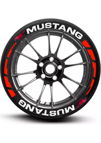 Mustang Yazılı Kırmızı Şeritli Motosiklet ve Otomobil Lastik Yazısı Sticker Yapıştırma