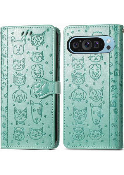 Google Pixel 10 Pro/ Pixel 10/ Pixel 9 Pro/ Pixel 9 Kılıf Deri Cüzdan Kapaklı Telefon Kılıfı Sevimli Kedi Köpek Desenli (Yurt Dışından)