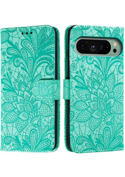 Google Pixel 9 Pro/9 Kılıf Dantel Çiçekler Pu Deri Flip Cüzdan Telefon Kılıfı (Yurt Dışından)