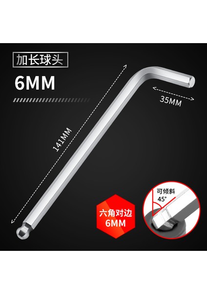 6mm Uzun Stil Greener Altıgen Anahtar Iç Hex Anahtar Metrik Boyut Krom-Vanadyum Çelik Çift Uçlu Top Başlı Uzun Manuel Onarım Aracı (Yurt Dışından)