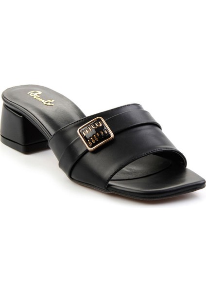 Kadın Terlik Siyah Renk Suni Deri Orta Topuklu Konforlu Kullanım İçin fiyatları