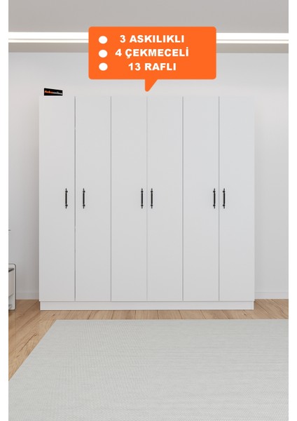 AE-2115 Kale Beyaz Gardırop 6 Kapaklı, 4 Çekmeceli, 3 Askılıklı, 13 Raflı Dolap