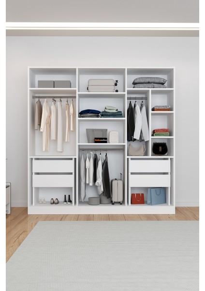 AE-2115 Kale Beyaz Gardırop 6 Kapaklı, 4 Çekmeceli, 3 Askılıklı, 13 Raflı Dolap