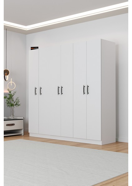 AE-2115 Kale Beyaz Gardırop 6 Kapaklı, 4 Çekmeceli, 3 Askılıklı, 13 Raflı Dolap