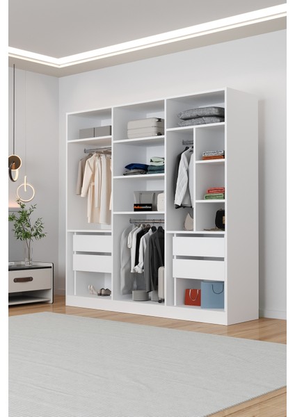 AE-2115 Kale Beyaz Gardırop 6 Kapaklı, 4 Çekmeceli, 3 Askılıklı, 13 Raflı Dolap