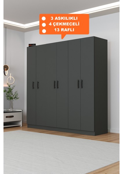 AE-2115 Kale Antrasit Gardırop 6 Kapaklı, 4 Çekmeceli, 3 Askılıklı, 13 Raflı Dolap