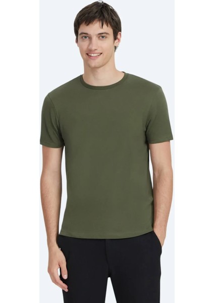 Haki Düz Bisiklet Yaka %100 Pamuk T-Shirt