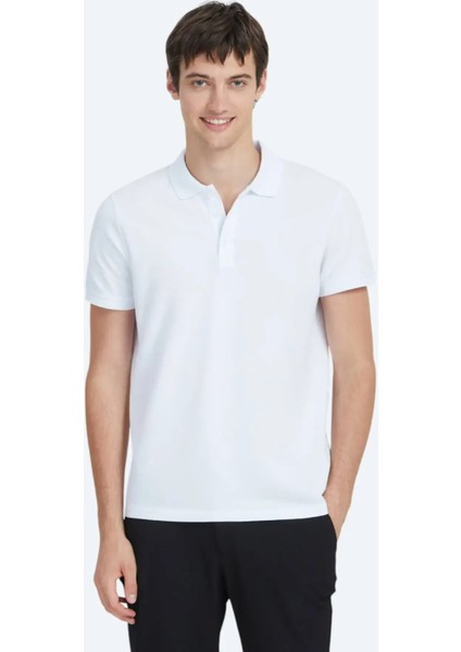 Beyaz Düz Polo Yaka %100 Pamuk T-Shirt