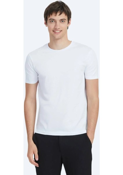 Beyaz Düz Bisiklet Yaka %100 Pamuk T-Shirt