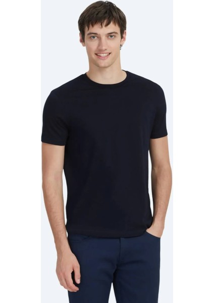 Lacivert Düz Bisiklet Yaka %100 Pamuk T-Shirt