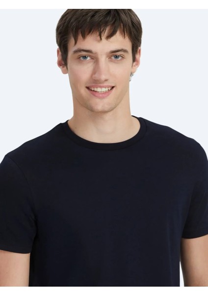 Lacivert Düz Bisiklet Yaka %100 Pamuk T-Shirt modelleri