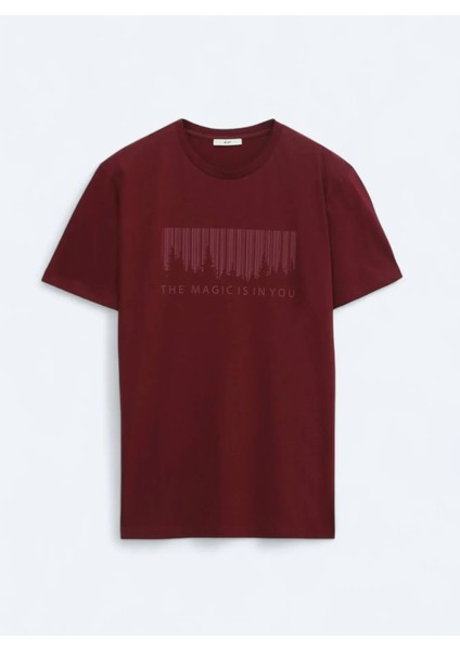 Bordo Baskılı Bisiklet Yaka %100 Pamuk T-Shirt indirimleri
