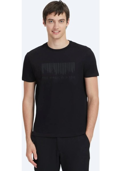 Siyah Baskılı Bisiklet Yaka %100 Pamuk T-Shirt