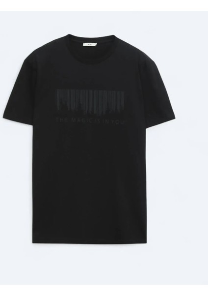 Siyah Baskılı Bisiklet Yaka %100 Pamuk T-Shirt indirimleri