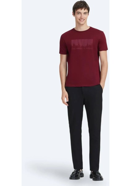 Bordo Baskılı Bisiklet Yaka %100 Pamuk T-Shirt fiyatları