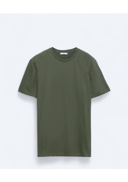 Haki Düz Bisiklet Yaka %100 Pamuk T-Shirt indirimleri