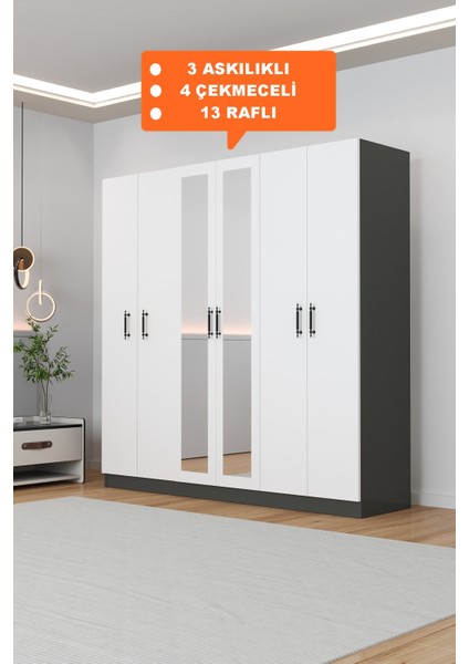 AE-2116 Kale Aynalı Antrasit/beyaz, 6 Kapaklı Gardırop, 13 Raflı, 3 Askılıklı 180 cm Dolap