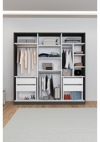 AE-2116 Kale Aynalı Antrasit/beyaz, 6 Kapaklı Gardırop, 13 Raflı, 3 Askılıklı 180 cm Dolap