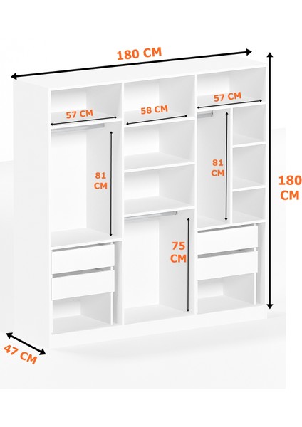 AE-2116 Kale Aynalı Antrasit/beyaz, 6 Kapaklı Gardırop, 13 Raflı, 3 Askılıklı 180 cm Dolap