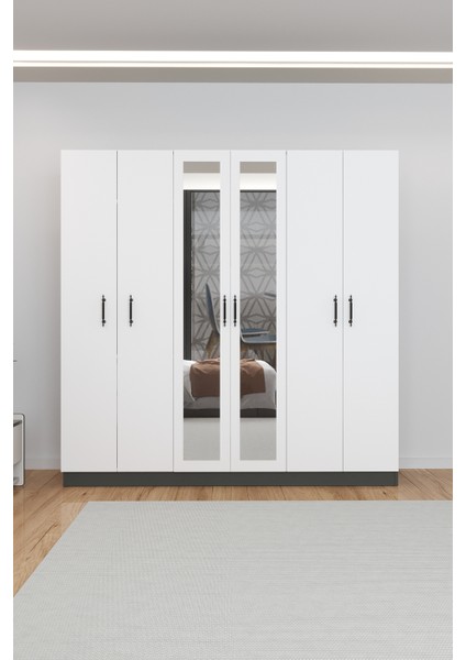 AE-2116 Kale Aynalı Antrasit/beyaz, 6 Kapaklı Gardırop, 13 Raflı, 3 Askılıklı 180 cm Dolap