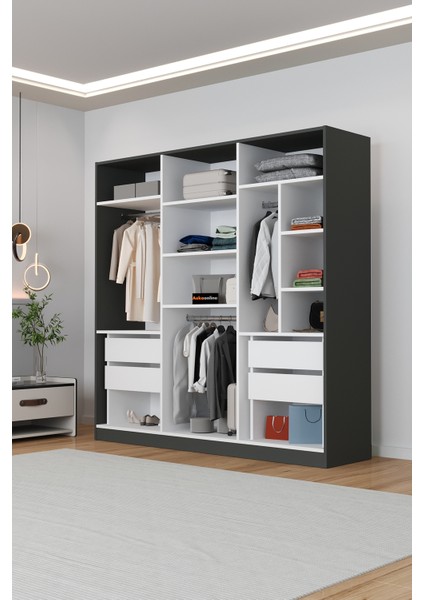 AE-2116 Kale Aynalı Antrasit/beyaz, 6 Kapaklı Gardırop, 13 Raflı, 3 Askılıklı 180 cm Dolap