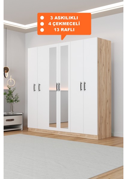 AE-2116 Kale Aynalı Sonomo/beyaz, 6 Kapaklı Gardırop, 13 Raflı, 3 Askılıklı 180 cm Dolap
