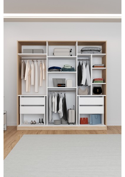 AE-2116 Kale Aynalı Sonomo/beyaz, 6 Kapaklı Gardırop, 13 Raflı, 3 Askılıklı 180 cm Dolap