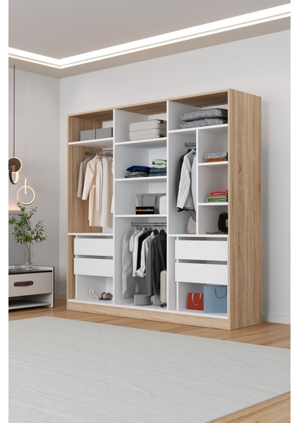 AE-2116 Kale Aynalı Sonomo/beyaz, 6 Kapaklı Gardırop, 13 Raflı, 3 Askılıklı 180 cm Dolap