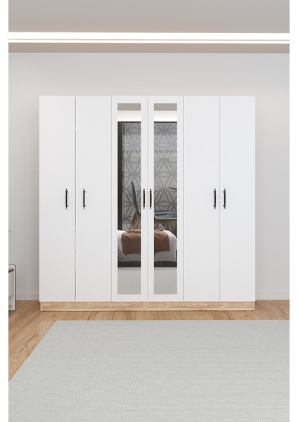 AE-2116 Kale Aynalı Sonomo/beyaz, 6 Kapaklı Gardırop, 13 Raflı, 3 Askılıklı 180 cm Dolap