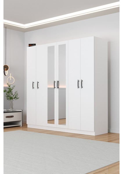AE-2116 Kale Aynalı Beyaz, 6 Kapaklı Gardırop, 13 Raflı, 3 Askılıklı 180 cm Dolap
