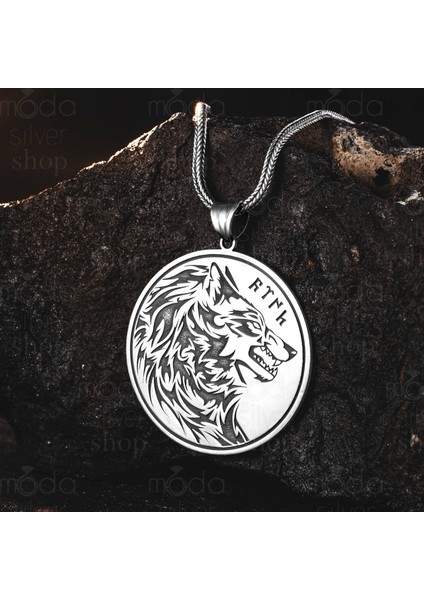 925 Ayar Gümüş Göktürk Türk Yazılı Bozkurt Tasarım Yuvarlak Erkek Kolye