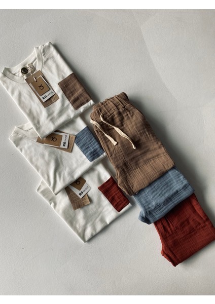 Erkek Çocuk %100 Pamuklu Müslin Kumaş, Tişört - Pantolon 2'li Takım_RG1556