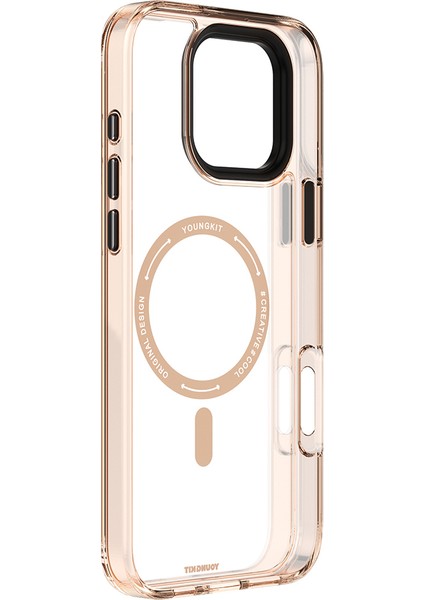 iPhone 16 Pro Kılıf M-Safe Şarj Özellikli Parlak Cam Yüzey Youngkit Gemstone Clear Serisi Gold