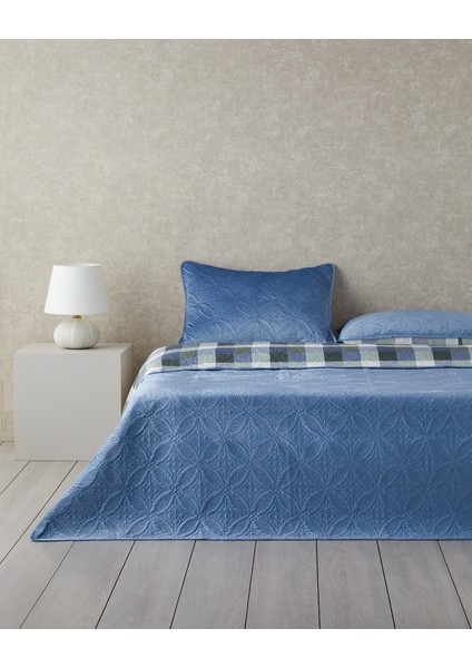 Ornate Check Çift Taraflı Kadife Çift Kişilik Yatak Örtüsü Takımı Koyu Mavi