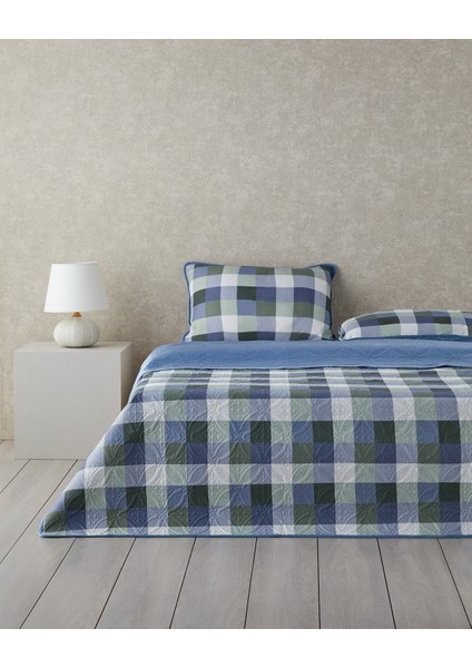 Ornate Check Çift Taraflı Kadife Çift Kişilik Yatak Örtüsü Takımı Koyu Mavi fiyatları