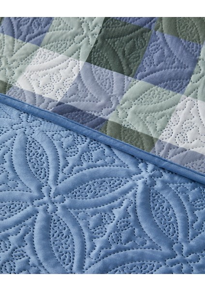 Ornate Check Çift Taraflı Kadife Çift Kişilik Yatak Örtüsü Takımı Koyu Mavi modelleri