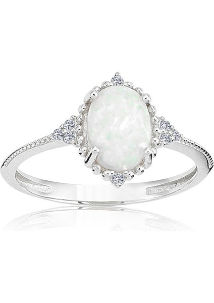 Beyaz Oval Taşlı Prenses Gümüş Yüzük - Opal Taşlı Prenses Tasarım Yüzük - Hediye Gümüş Yüzük
