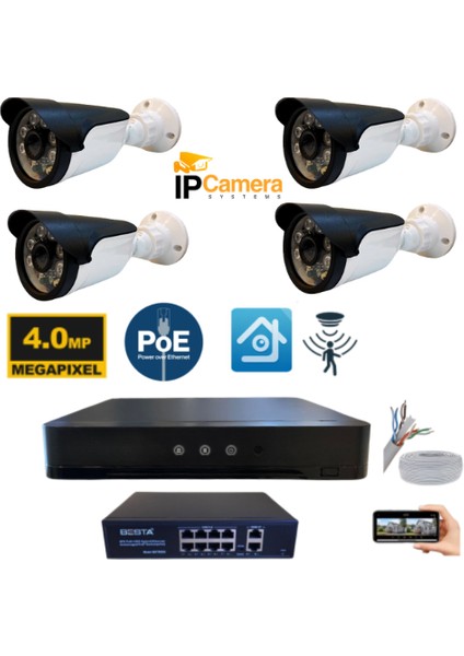 4 Kameralı 4mp 6 Atom LED H.265 Ip Güvenlik Seti - ST001042