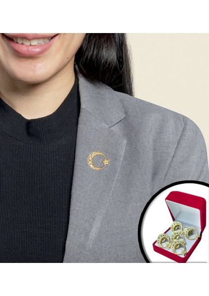 Taş Işlemeli Ay-Yıldız Rozeti Gold Şık Kutulu 5' Li