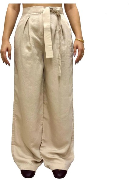 Beli Bağlama Detaylı Bol Paça Pantolon Bej