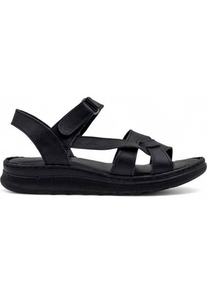 Mr White Yan Atkılı Hakiki Deri Kadın Sandalet Siyah