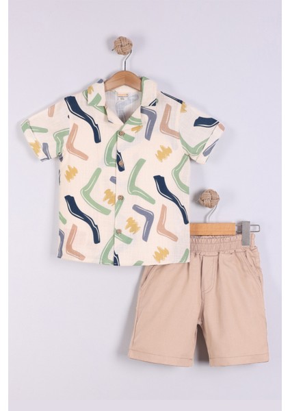 Erkek Çocuk Renkli Desenli Apaş Yaka Gömlek Şort 2'li Takım