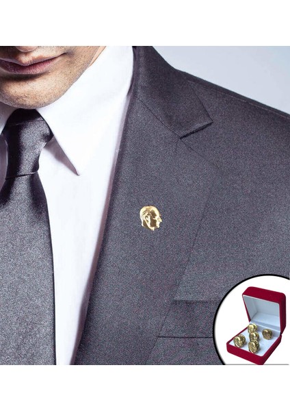 Atatürk Büstü Yaka Rozeti (Gold) Şık Kutulu 5'li