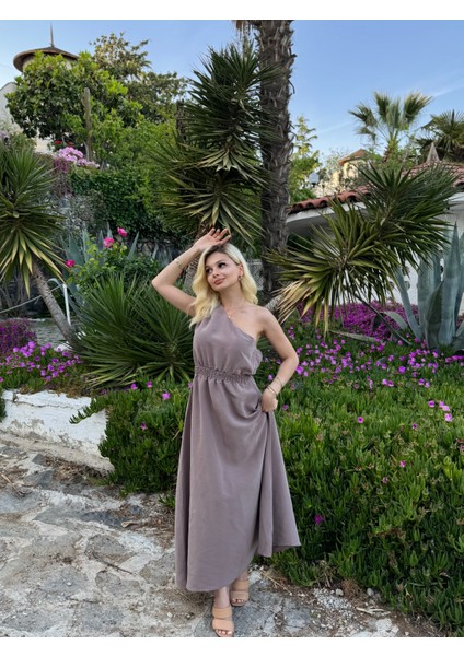 Beli Lastikli Tek Omuz Midi Elbise